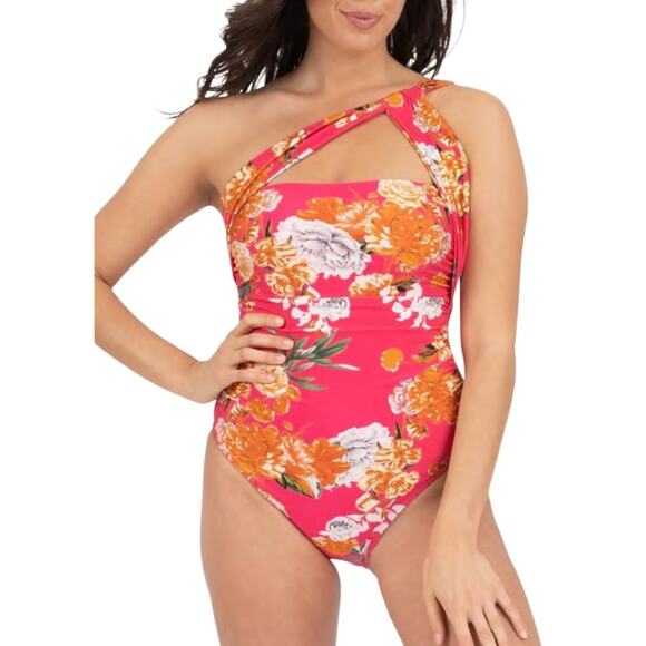 RACHEL ROY One Shoulder Floral Ruched Cut-Out One Piece Swimsuit - Picture 1 of 6